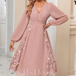 NWT JJs House Pleated V-Neck Sleeve A-line Chiffon Lace Midi Dress Dusty Rose